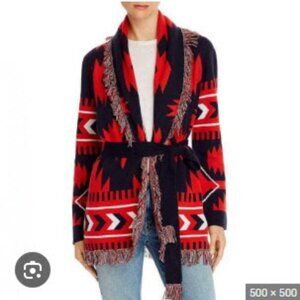 Womens Minnie Rose Red Navy Blue Navajo-Aztec Belted Fringed Cardigan Sweater XS